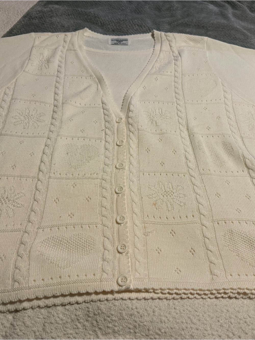 Alfred Dunner White Cable & Square-Panel Button Cardigan